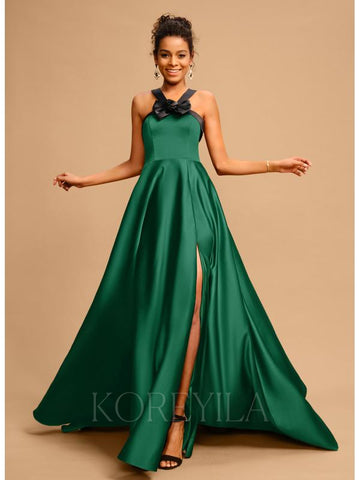 Ball-Gown/Princess Halter Sweep Train Satin Maxi Dresses With Bow(s)